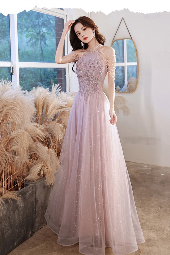 A-Line Long Pink Luxury Beaded Prom Dresses Formal Evening Party Dresses XP101035