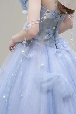 A-Line Long Blue Tulle Prom Dresses Formal Evening Party Dresses XP101036