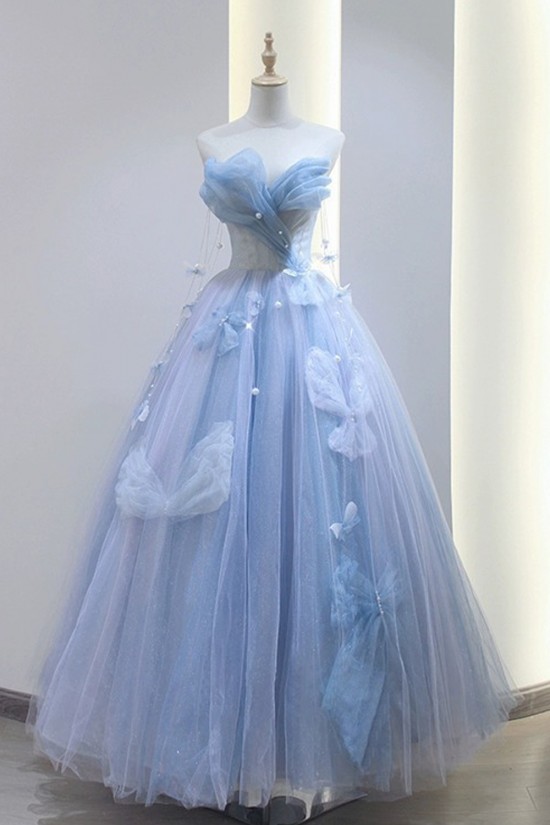 A-Line Long Blue Tulle Prom Dresses Formal Evening Party Dresses XP101036