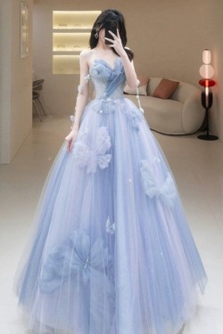 A-Line Long Blue Tulle Prom Dresses Formal Evening Party Dresses XP101036