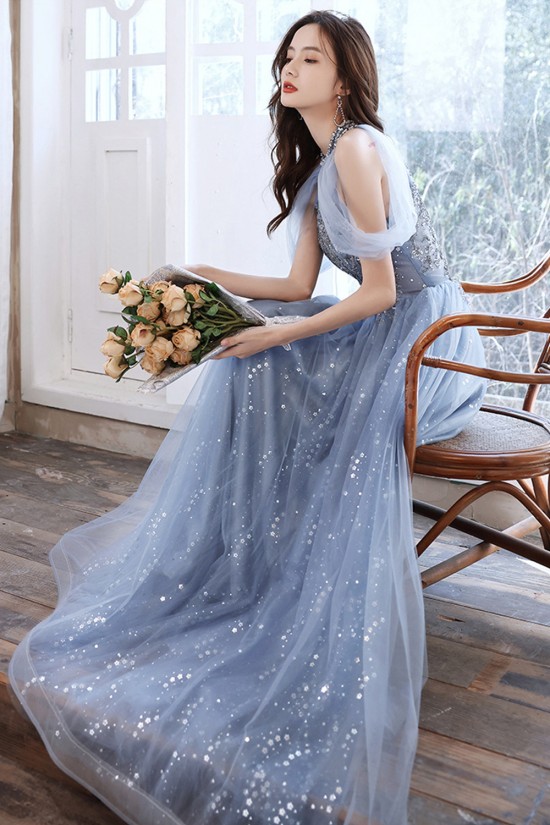 A-Line Sparkly Beaded Long Blue Prom Dresses Formal Evening Party Dresses XP101039