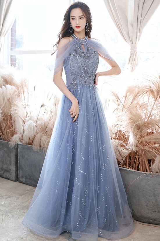 A-Line Sparkly Beaded Long Blue Prom Dresses Formal Evening Party Dresses XP101039