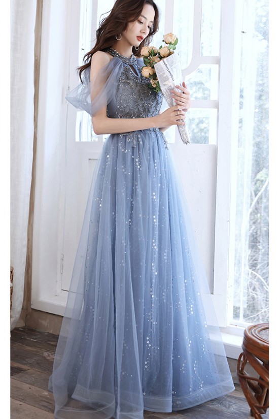 A-Line Sparkly Beaded Long Blue Prom Dresses Formal Evening Party Dresses XP101039