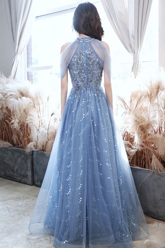 A-Line Sparkly Beaded Long Blue Prom Dresses Formal Evening Party Dresses XP101039
