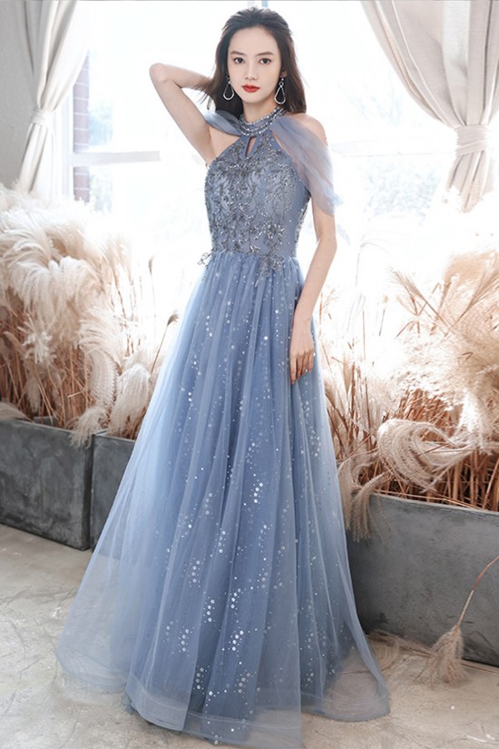 A-Line Sparkly Beaded Long Blue Prom Dresses Formal Evening Party Dresses XP101039