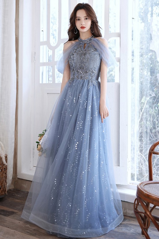 A-Line Sparkly Beaded Long Blue Prom Dresses Formal Evening Party Dresses XP101039