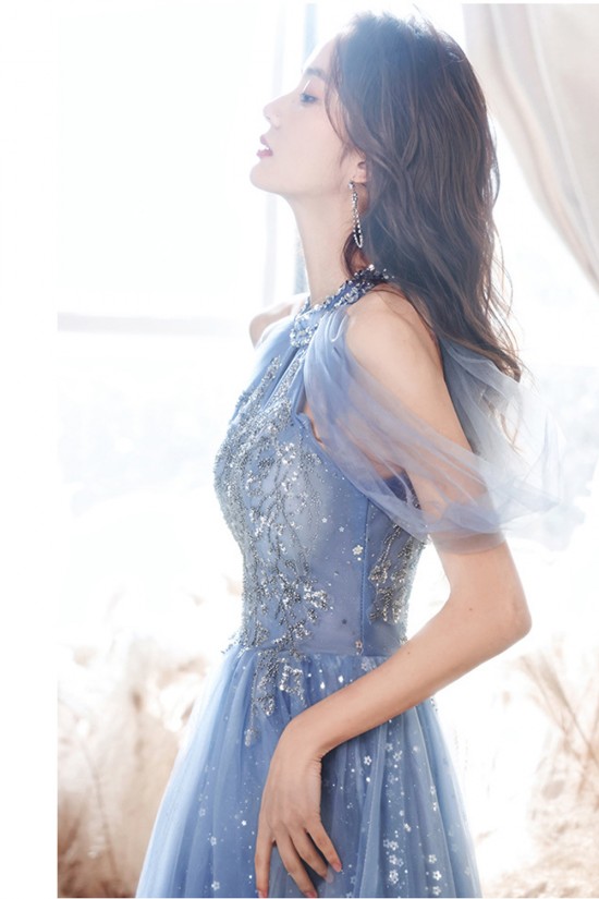 A-Line Sparkly Beaded Long Blue Prom Dresses Formal Evening Party Dresses XP101039