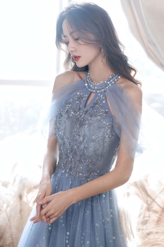 A-Line Sparkly Beaded Long Blue Prom Dresses Formal Evening Party Dresses XP101039