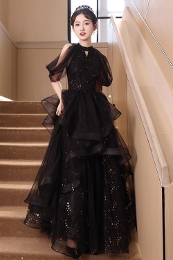 A-Line Long Black Sequins and Tulle Prom Dresses Formal Evening Party Dresses XP101042