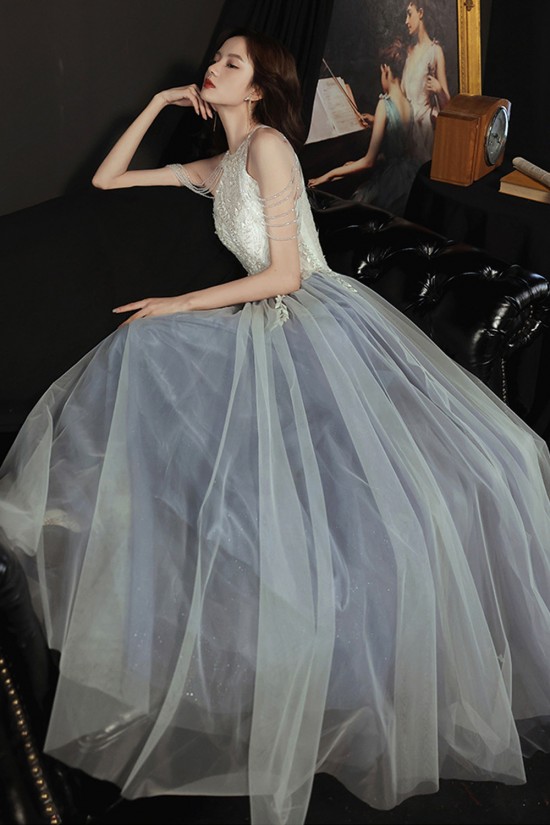 A-Line Gray Blue Tulle Long Prom Dresses Formal Evening Party Dresses XP101043