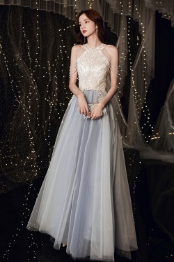 A-Line Gray Blue Tulle Long Prom Dresses Formal Evening Party Dresses XP101043