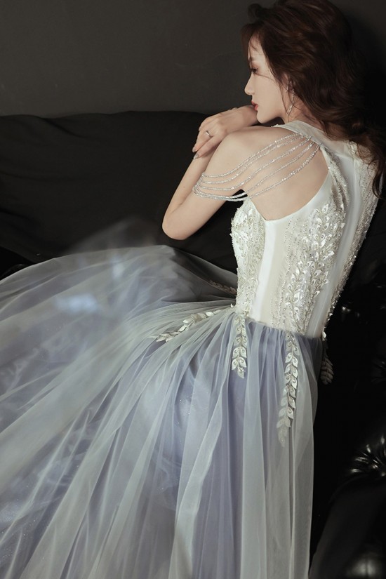 A-Line Gray Blue Tulle Long Prom Dresses Formal Evening Party Dresses XP101043