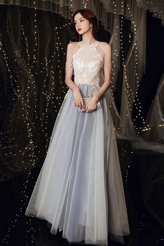A-Line Gray Blue Tulle Long Prom Dresses Formal Evening Party Dresses XP101043