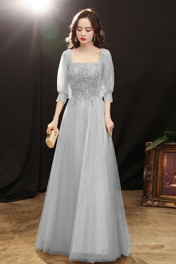 A-Line Sequins and Tulle Square Neck Prom Dresses Formal Evening Party Dresses with Sleeves XP101044