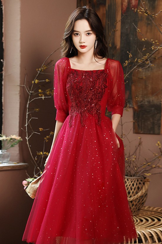 A-Line Sequins and Tulle Square Neck Prom Dresses Formal Evening Party Dresses with Sleeves XP101044 A-Line Sequins and Tulle Square Neck Prom Dresses Formal Evening Party Dresses with Sleeves XP101044
