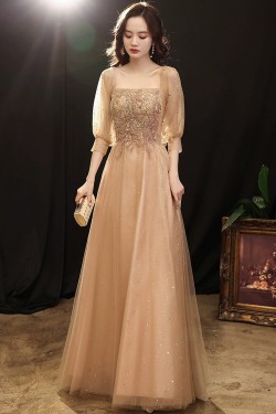 A-Line Sequins and Tulle Square Neck Prom Dresses Formal Evening Party Dresses with Sleeves XP101044