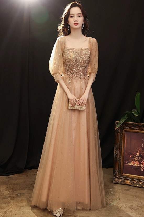 A-Line Sequins and Tulle Square Neck Prom Dresses Formal Evening Party Dresses with Sleeves XP101044 A-Line Sequins and Tulle Square Neck Prom Dresses Formal Evening Party Dresses with Sleeves XP101044