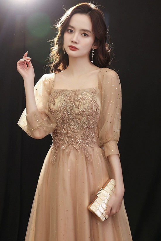A-Line Sequins and Tulle Square Neck Prom Dresses Formal Evening Party Dresses with Sleeves XP101044 A-Line Sequins and Tulle Square Neck Prom Dresses Formal Evening Party Dresses with Sleeves XP101044
