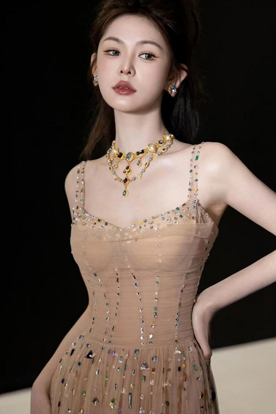 A-Line Beaded Tulle Long Champagne Prom Dresses Formal Evening Party Dresses XP101045