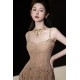 A-Line Beaded Tulle Long Champagne Prom Dresses Formal Evening Party Dresses XP101045