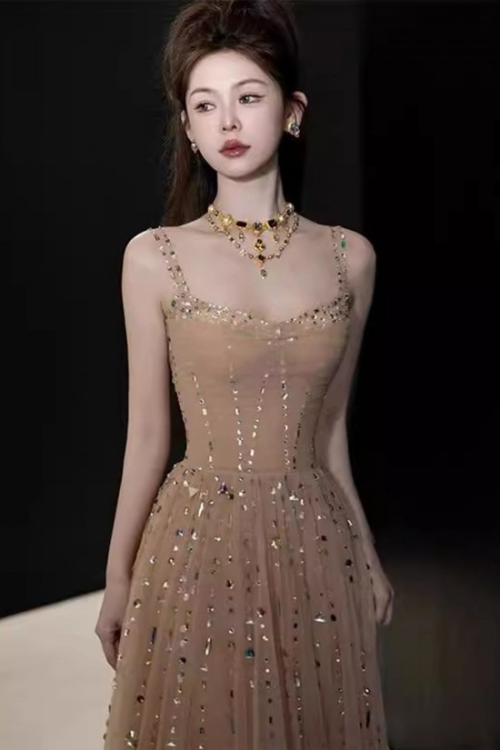 A-Line Beaded Tulle Long Champagne Prom Dresses Formal Evening Party Dresses XP101045