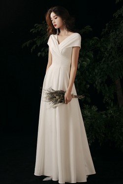 A-Line Long White V Neck Simple Prom Dresses Formal Evening Party Dresses XP101046