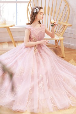A-Line Long Pink Tulle Prom Dresses Formal Evening Party Dresses XP101049