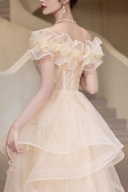 A-Line Champagne Off the Shoulder Long Prom Dresses Formal Evening Party Dresses XP101052