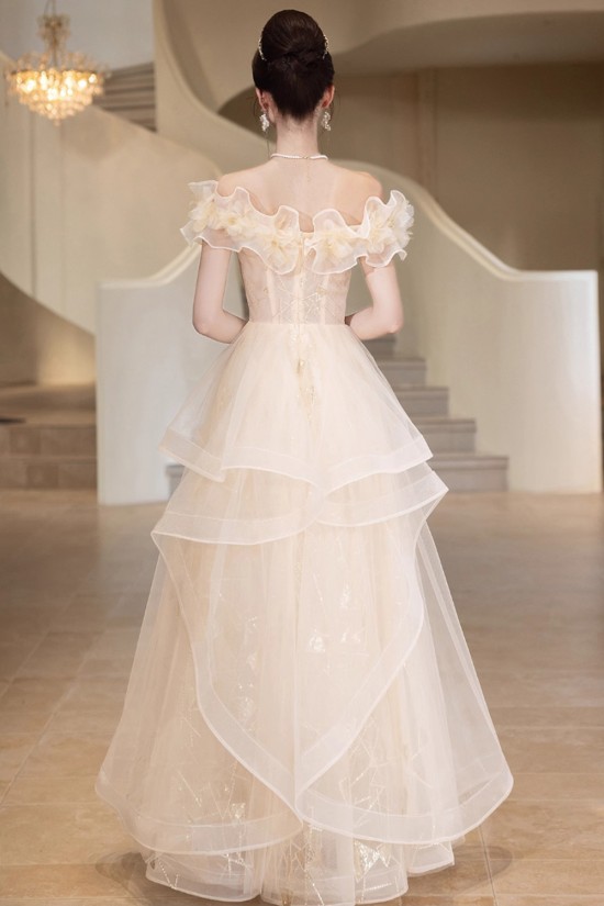 A-Line Champagne Off the Shoulder Long Prom Dresses Formal Evening Party Dresses XP101052