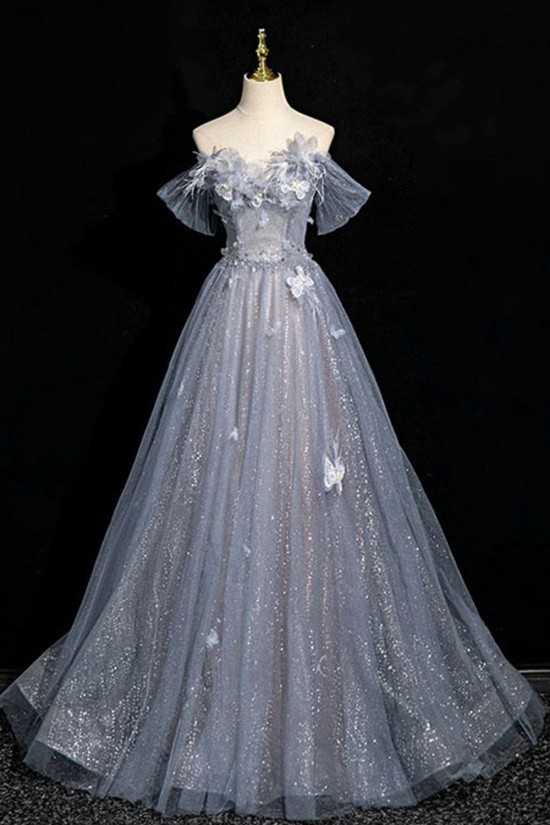 A-Line Gray Blue Off the Shoulder Sparkle Prom Dresses Formal Evening Party Dresses XP101053 A-Line Gray Blue Off the Shoulder Sparkle Prom Dresses Formal Evening Party Dresses XP101053