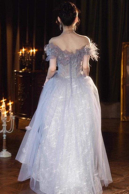 A-Line Gray Blue Off the Shoulder Sparkle Prom Dresses Formal Evening Party Dresses with 3D Flowers XP101055
