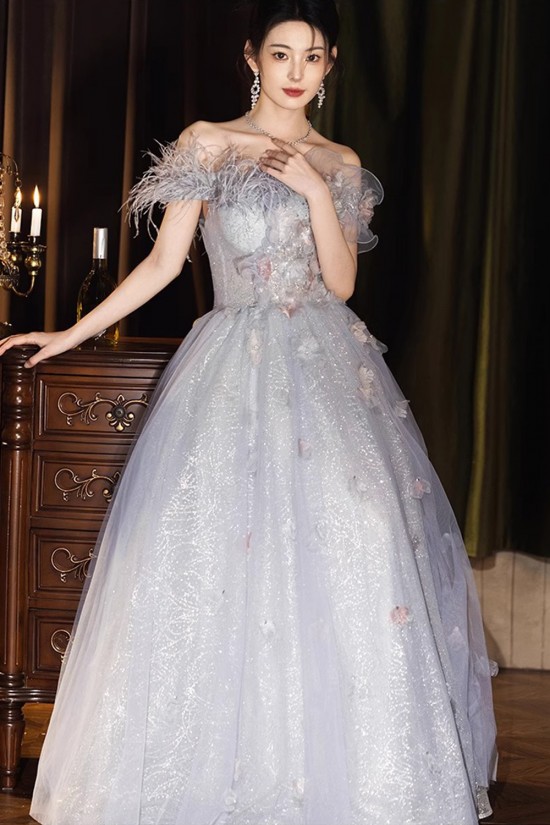 A-Line Gray Blue Off the Shoulder Sparkle Prom Dresses Formal Evening Party Dresses with 3D Flowers XP101055