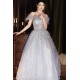 A-Line Gray Blue Off the Shoulder Sparkle Prom Dresses Formal Evening Party Dresses with 3D Flowers XP101055