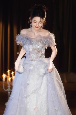 A-Line Gray Blue Off the Shoulder Sparkle Prom Dresses Formal Evening Party Dresses with 3D Flowers XP101055