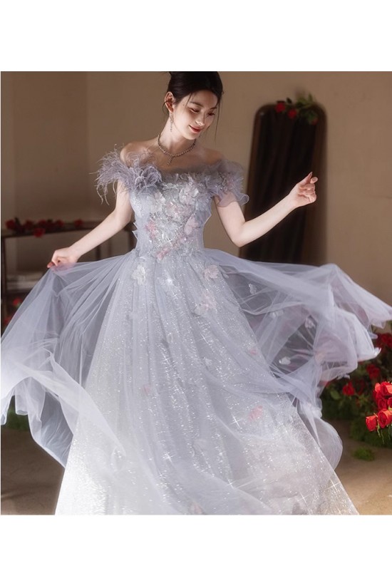 A-Line Gray Blue Off the Shoulder Sparkle Prom Dresses Formal Evening Party Dresses with 3D Flowers XP101055