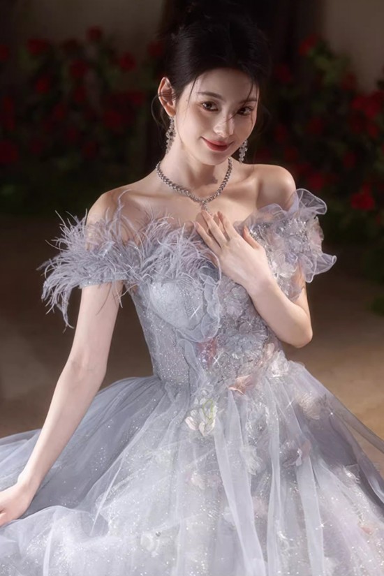 A-Line Gray Blue Off the Shoulder Sparkle Prom Dresses Formal Evening Party Dresses with 3D Flowers XP101055