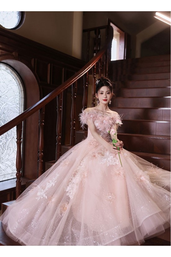 A-Line Long Pink Sparkle Tulle Prom Dresses Formal Evening Party Dresses XP101056