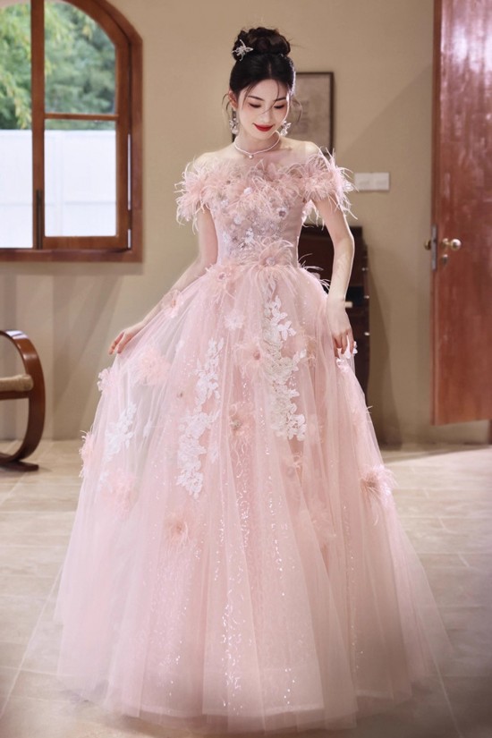 A-Line Long Pink Sparkle Tulle Prom Dresses Formal Evening Party Dresses XP101056