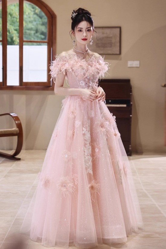 A-Line Long Pink Sparkle Tulle Prom Dresses Formal Evening Party Dresses XP101056
