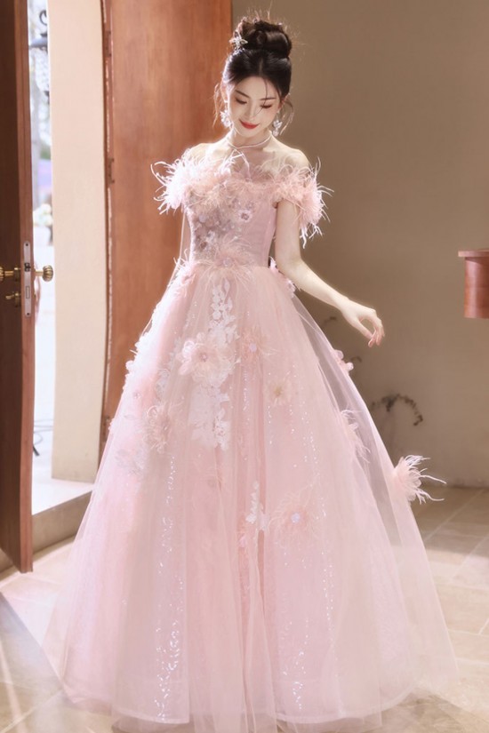 A-Line Long Pink Sparkle Tulle Prom Dresses Formal Evening Party Dresses XP101056