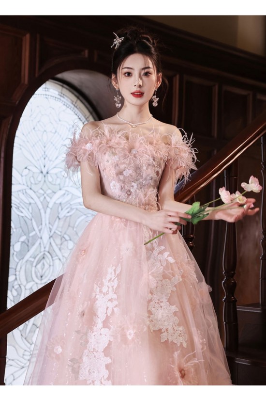 A-Line Long Pink Sparkle Tulle Prom Dresses Formal Evening Party Dresses XP101056