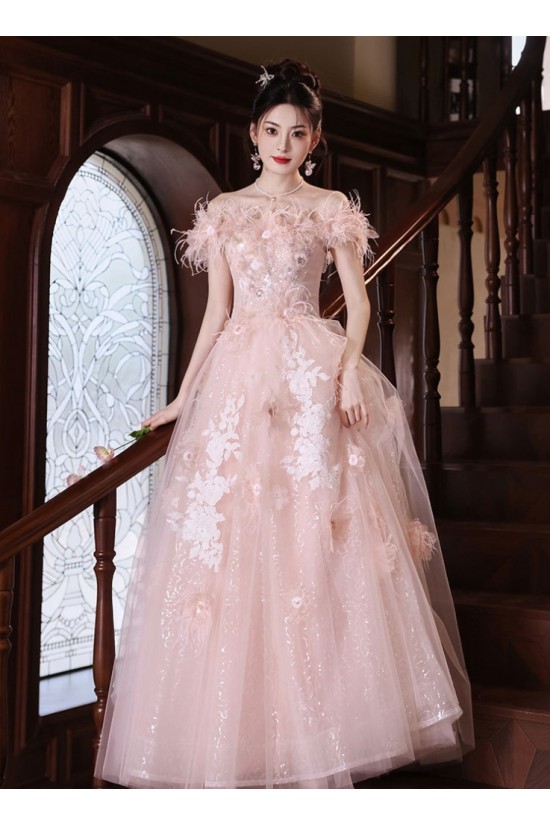 A-Line Long Pink Sparkle Tulle Prom Dresses Formal Evening Party Dresses XP101056