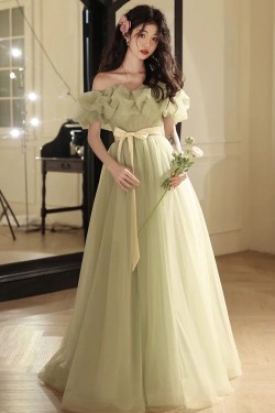 A-Line Off the Shoulder Tulle Long Green Prom Dresses Formal Evening Party Dresses XP101058