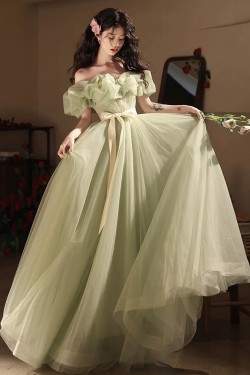 A-Line Off the Shoulder Tulle Long Green Prom Dresses Formal Evening Party Dresses XP101058