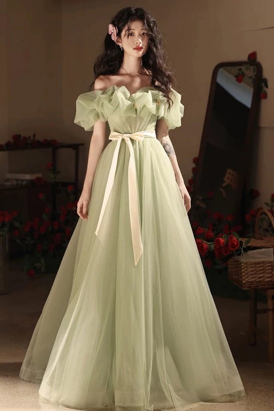 A-Line Off the Shoulder Tulle Long Green Prom Dresses Formal Evening Party Dresses XP101058 A-Line Off the Shoulder Tulle Long Green Prom Dresses Formal Evening Party Dresses XP101058