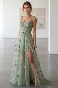 A-Line Long Green Floral Lace Sweetheart Sleeveless Butterfly Prom Dresses Formal Evening Party Dresses XP101065