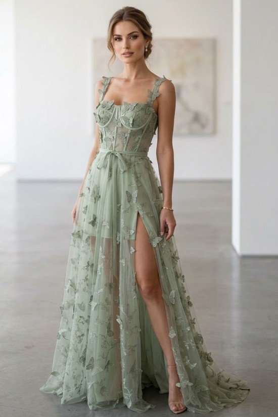 A-Line Long Green Floral Lace Sweetheart Sleeveless Butterfly Prom Dresses Formal Evening Party Dresses XP101065 A-Line Long Green Floral Lace Sweetheart Sleeveless Butterfly Prom Dresses Formal Evening Party Dresses XP101065