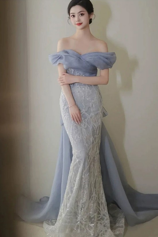 Elegant Mermaid Gray Blue Off the Shoulder Long Prom Dresses Formal Evening Party Dresses XP101068
