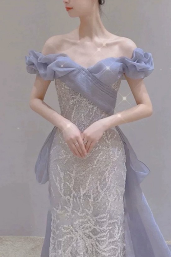 Elegant Mermaid Gray Blue Off the Shoulder Long Prom Dresses Formal Evening Party Dresses XP101068