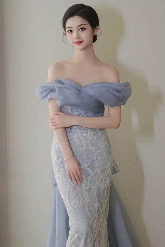 Elegant Mermaid Gray Blue Off the Shoulder Long Prom Dresses Formal Evening Party Dresses XP101068